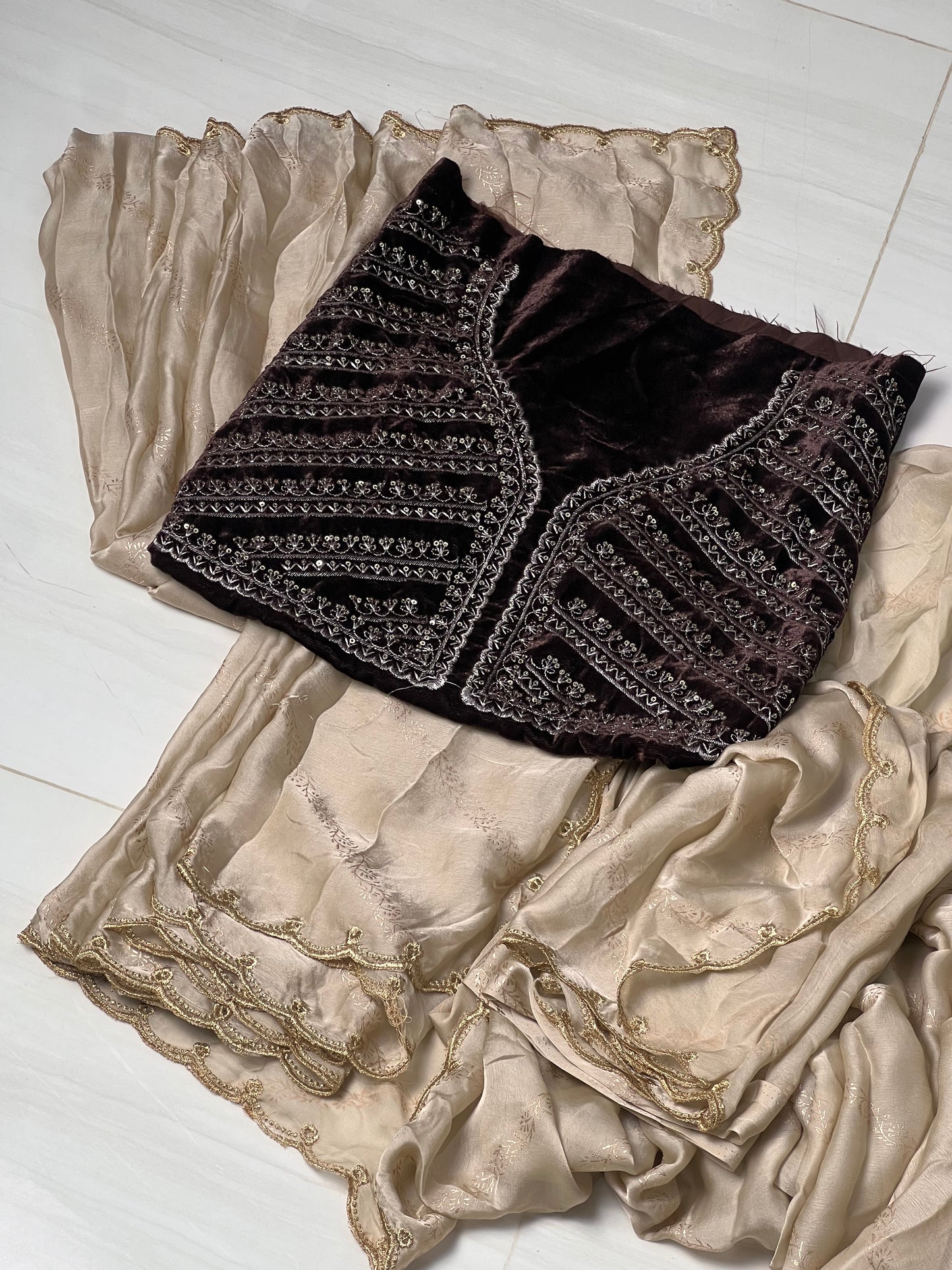 Satin Chiffon Saree with Allover Foil Print Embroidery Work Aacro Border