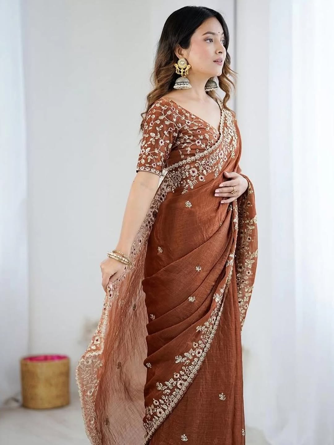 Premium Soft Fendy Chiffon Silk Saree with Embroidery Sequins Work and Thread Work