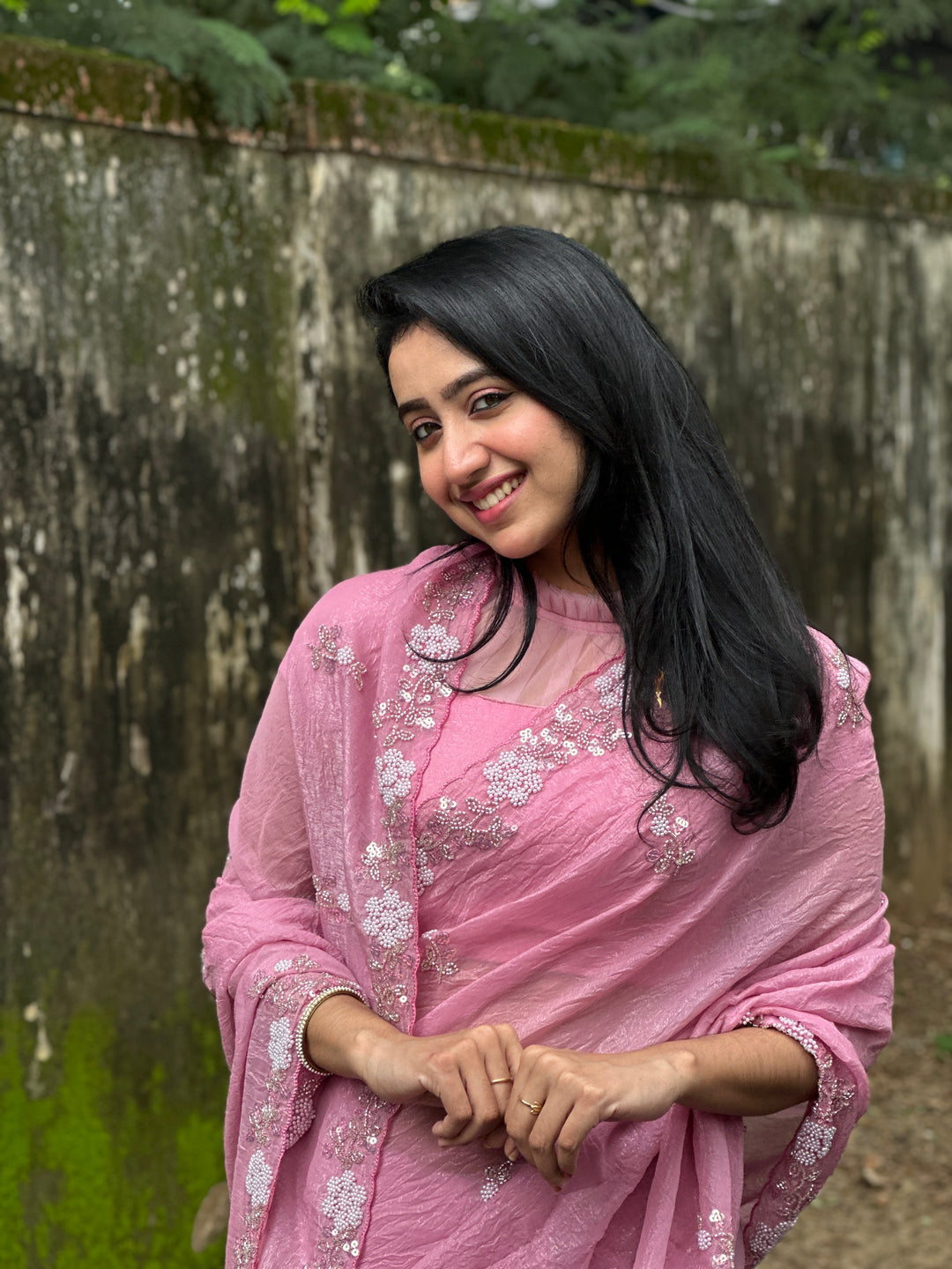 LIGHT PINK Chiffon Silk Saree Heavy Handwork with Beads work, Khatli Work, Sequins Work and Aacro Border