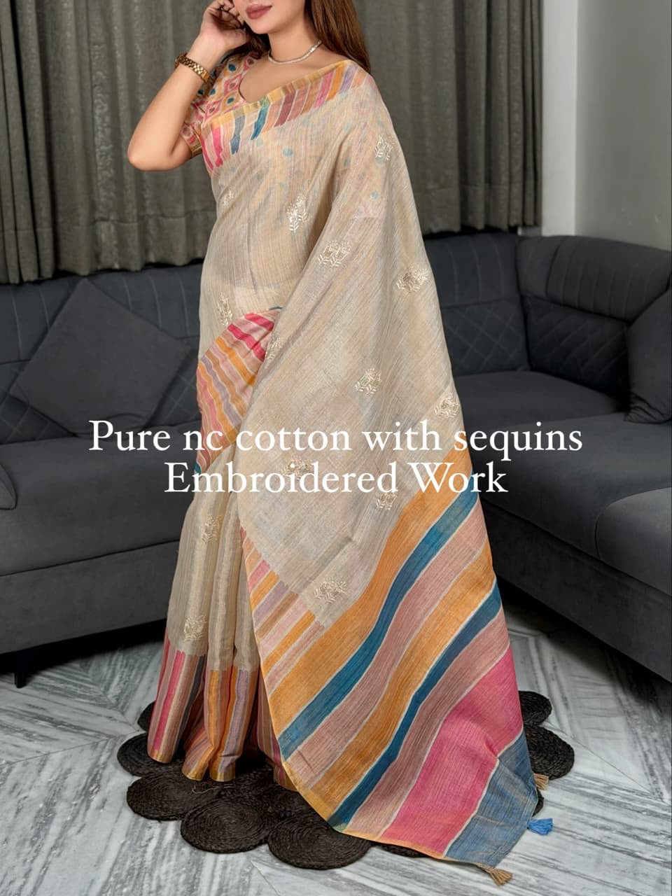 Beige and Rainbow-striped NC Cotton Saree
