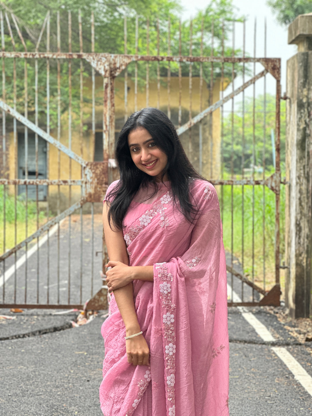 LIGHT PINK Chiffon Silk Saree Heavy Handwork with Beads work, Khatli Work, Sequins Work and Aacro Border