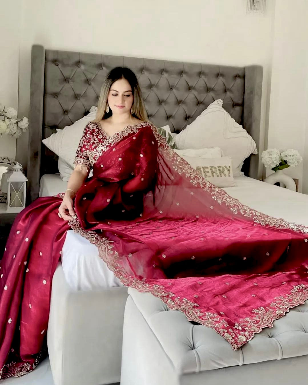 DEEP MAROON Soft Fendi Satin Saree With FADED GOLD Heavy Embroidery Sequence With Multi Thread, Jari Work And Scallop Border with READYMADE//STITCHED Blouse