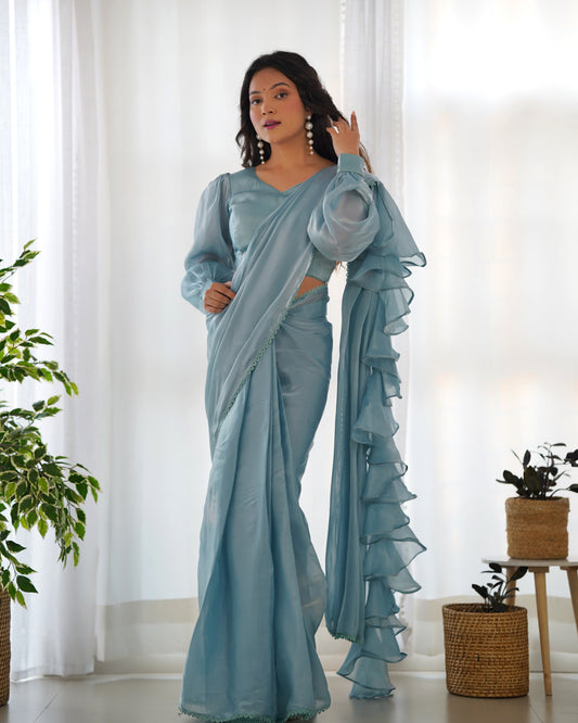 SEAFOAM BLUE Color PREMIUM QUALITY ORGANZA Saree with STITCHED BLOUSE