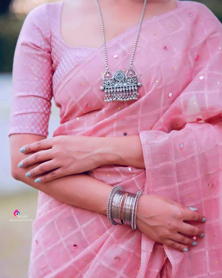 PEARL PINK Color Soft Linen Saree with weaving chex of Velvet thread