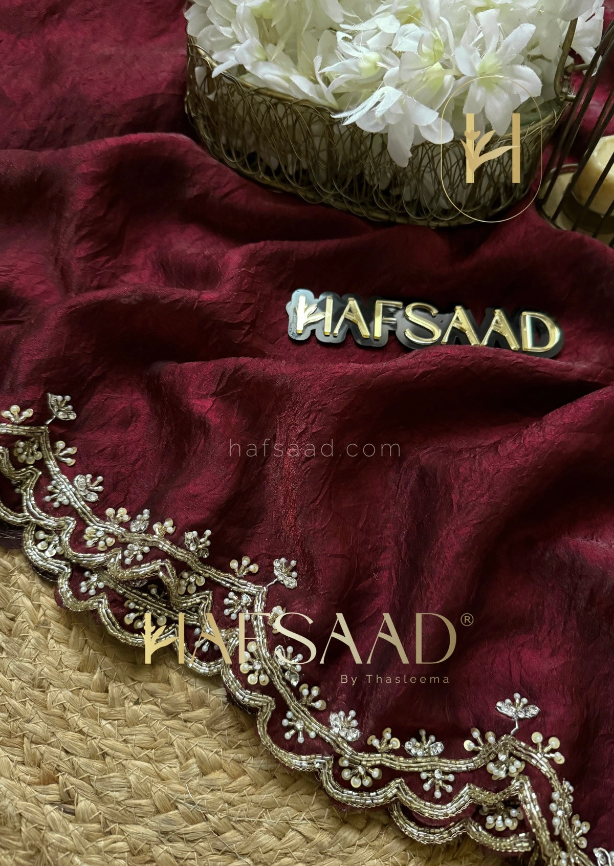 Richness of MAROON RED, the mystery of BLACK Crushed Fendi Silk Saree Featuring a constellation of pearl and sequin work