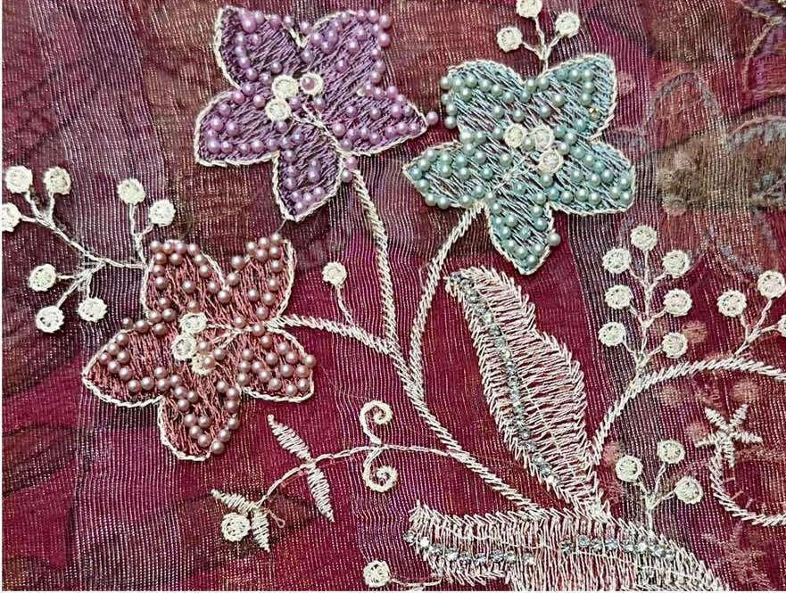 Pink Shaded Pure Tissue Saree with Thread Embroidery work, Pearl stone work in full saree with Silver and Gold zari weaving stripes