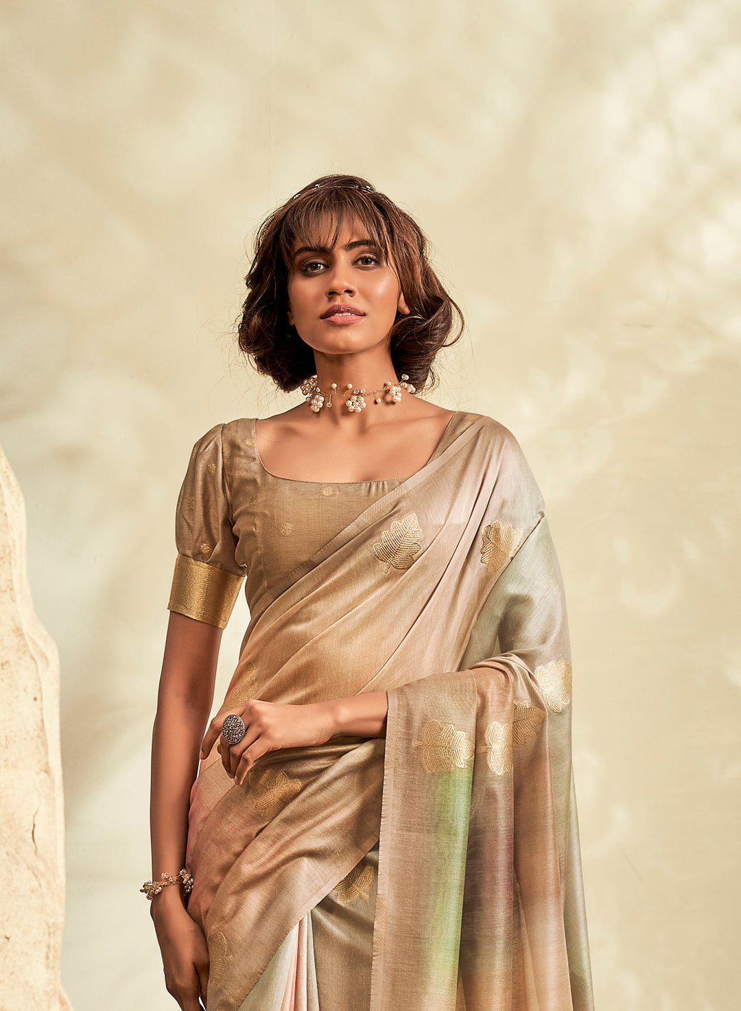 CHAMPAGNE BEIGE Color base KHADI SILK Saree flows gracefully with warm gold, pastel blush pink, muted sage green