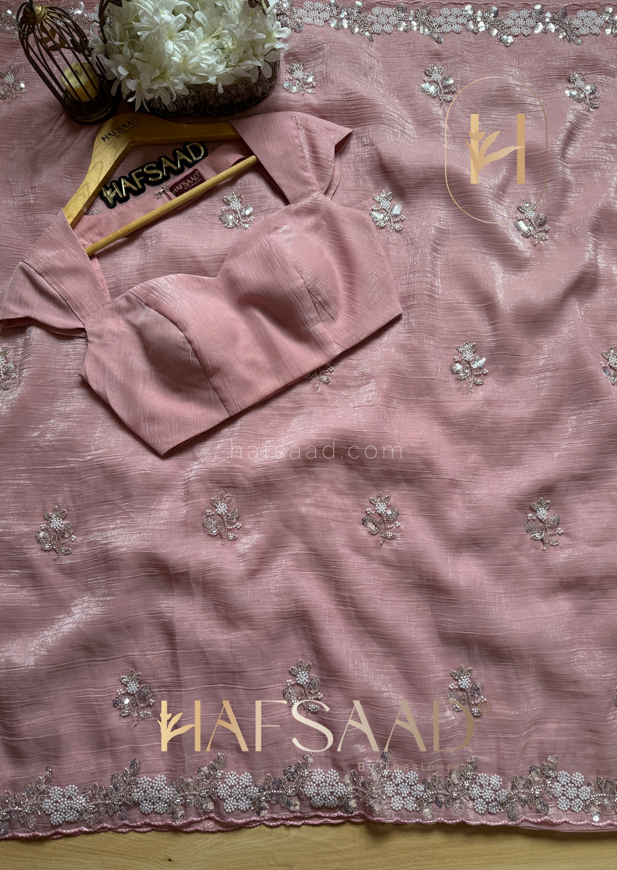 Soft Pink Chiffon Silk Saree Heavy Handwork with Beads work, Khatli Work, Sequins Work and Aacro Border