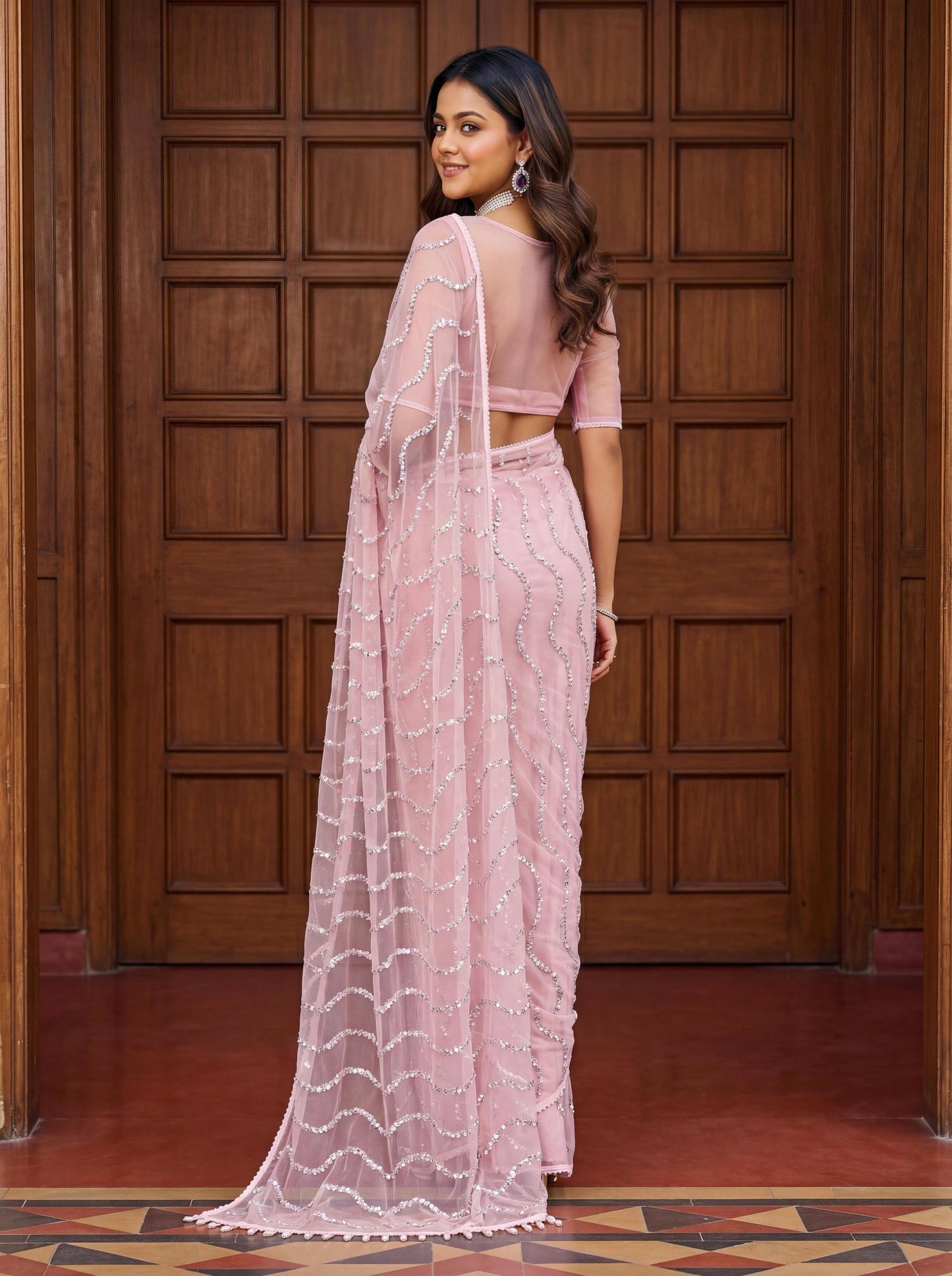 PASTEL PINK Color Net Saree with Designer work