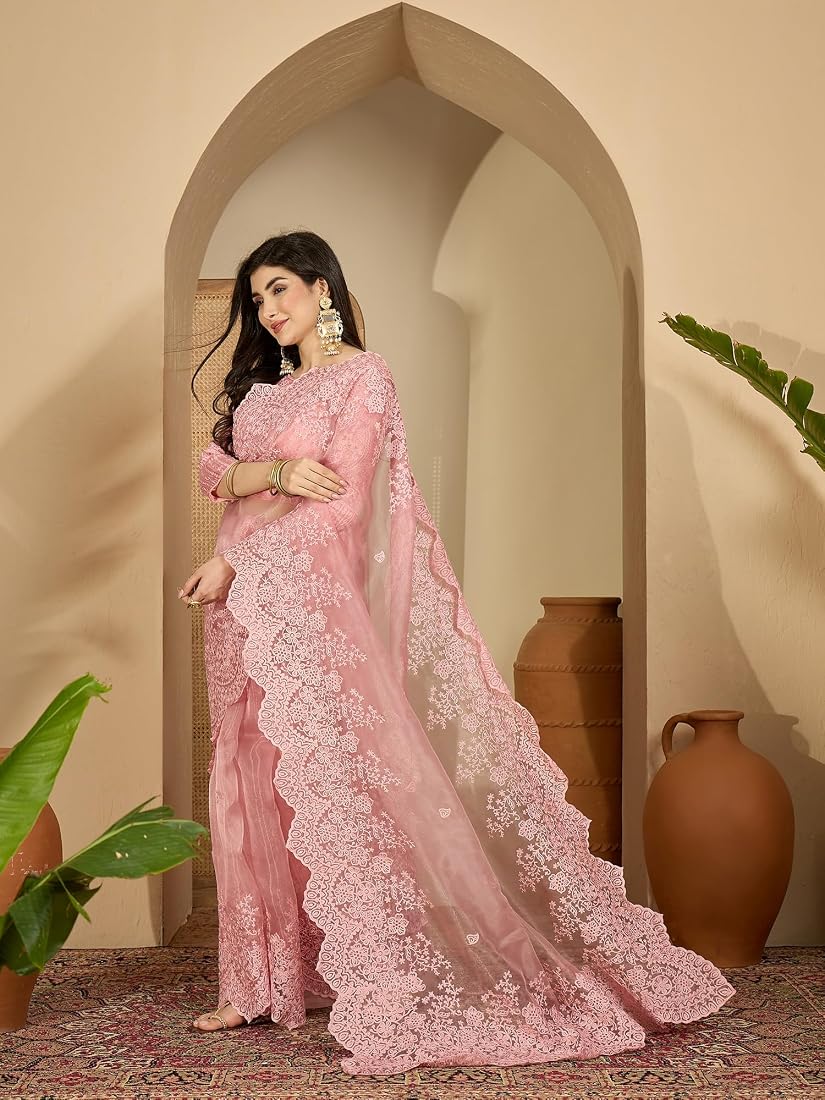 PASTEL PINK Color Organza Silk Saree