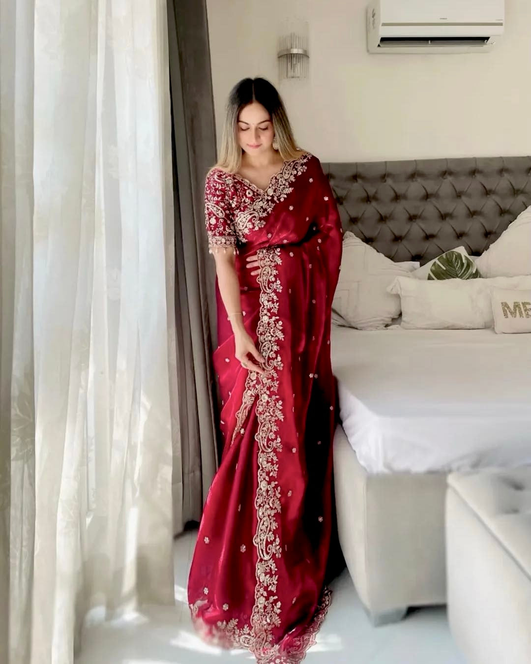 DEEP MAROON Soft Fendi Satin Saree With FADED GOLD Heavy Embroidery Sequence With Multi Thread, Jari Work And Scallop Border with READYMADE//STITCHED Blouse