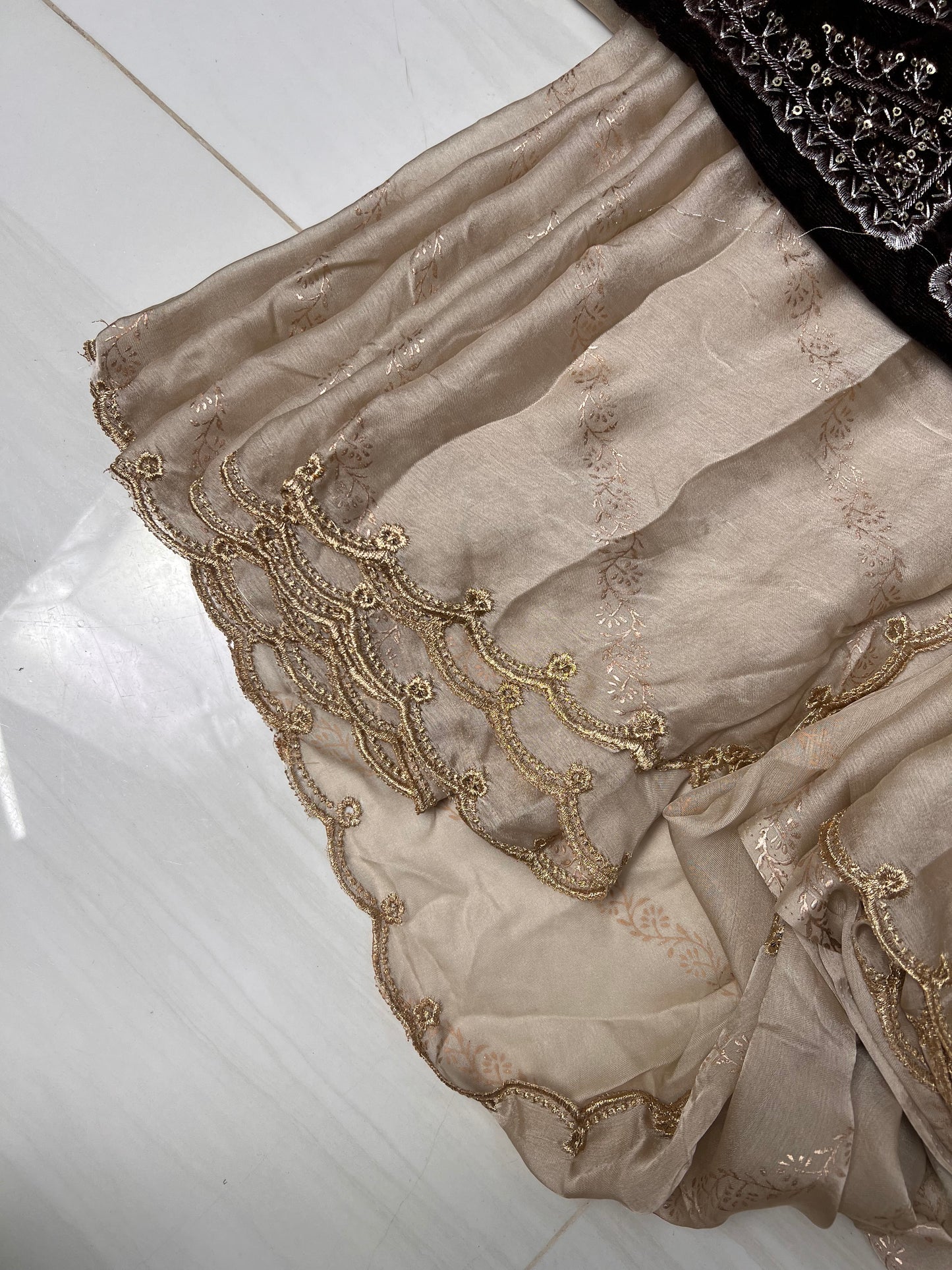 Satin Chiffon Saree with Allover Foil Print Embroidery Work Aacro Border