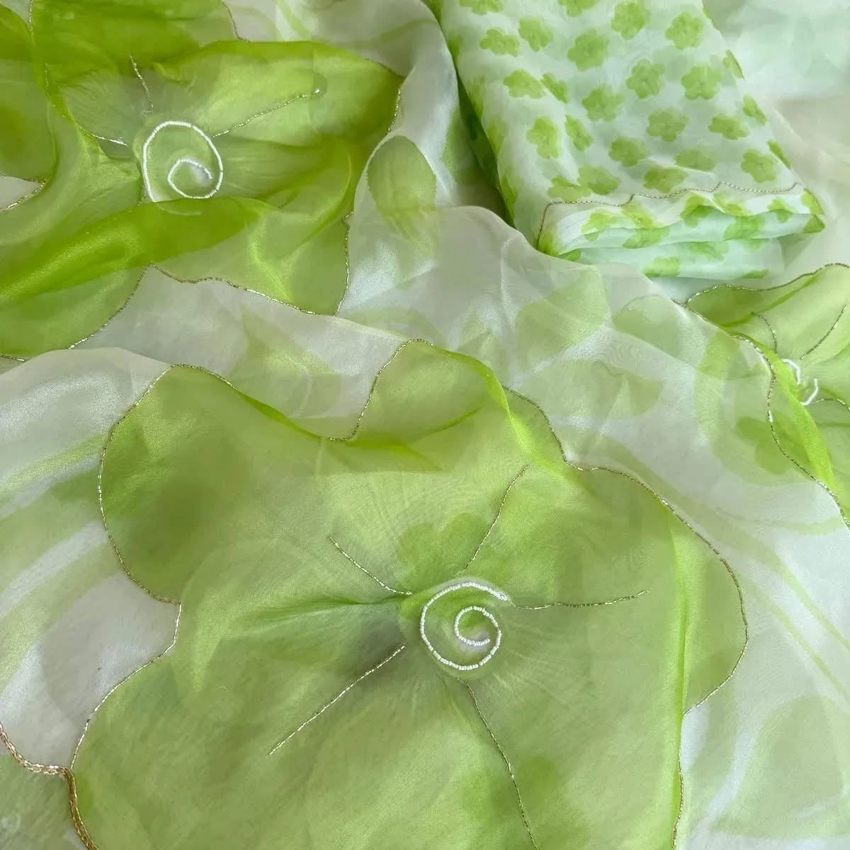 Fresh Lime Green Elegant Organza hand work Khatli and Pearl Work saree with digital print blouse piece