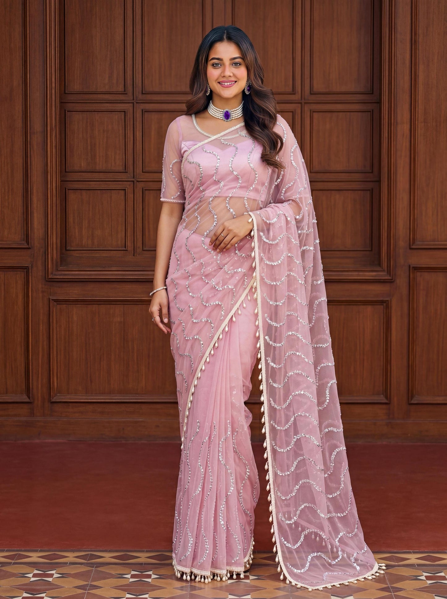 PASTEL PINK Color Net Saree with Designer work