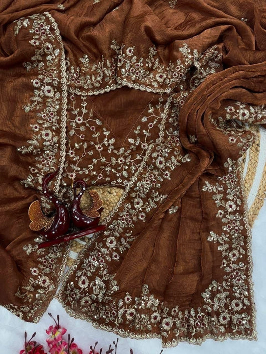 Premium Soft Fendy Chiffon Silk Saree with Embroidery Sequins Work and Thread Work