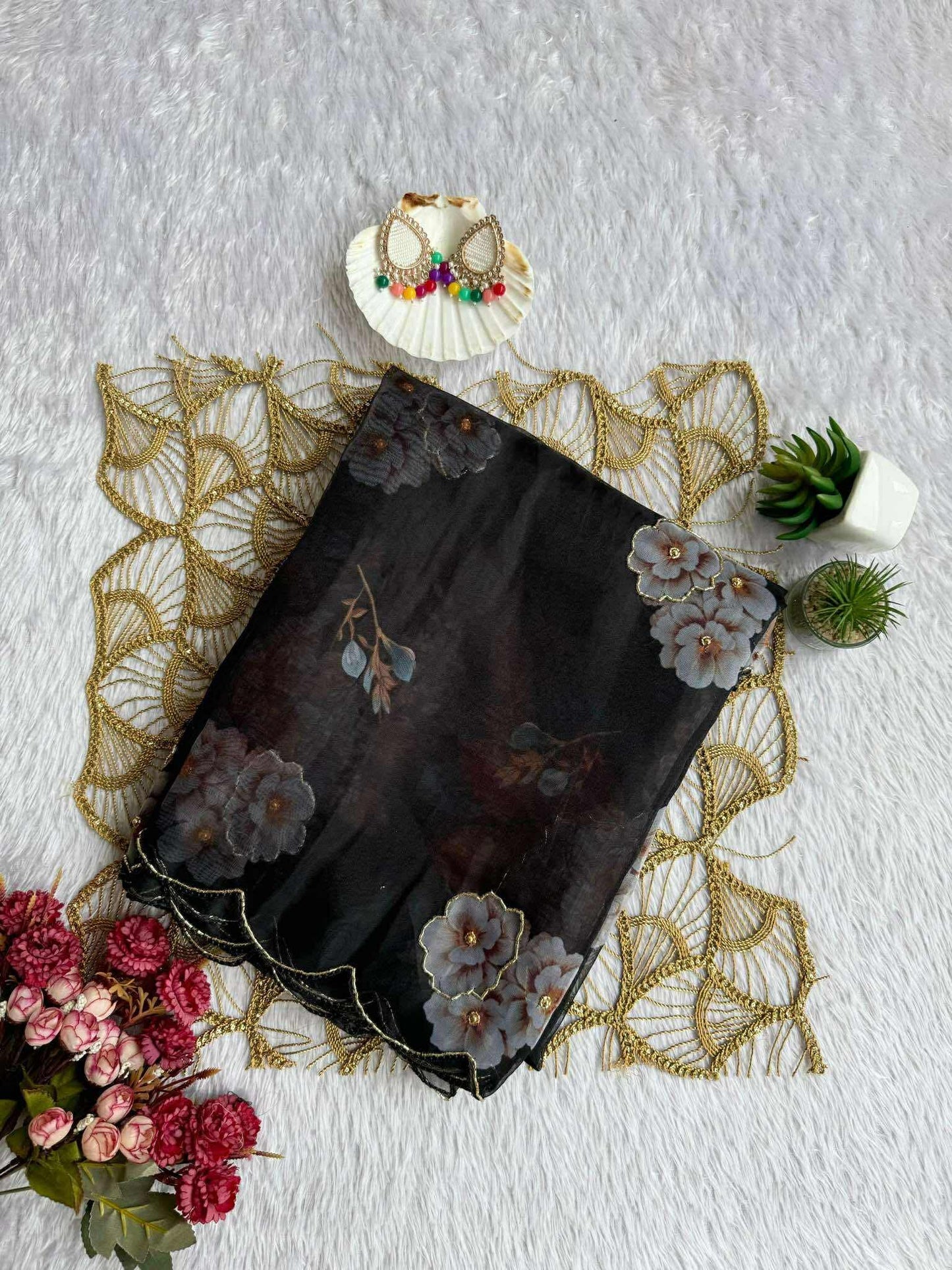Pure Black Organza hand work Khatli and Pearl Work saree with digital print blouse piece