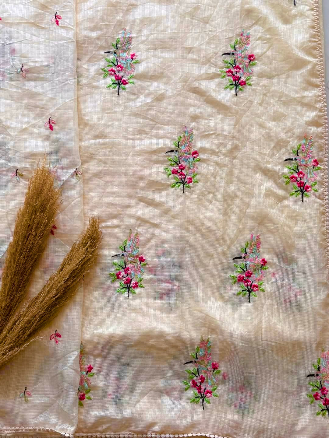 IVORY Color Premium Kota Dariya Colorful BIRD 🦅 Embroidery Saree