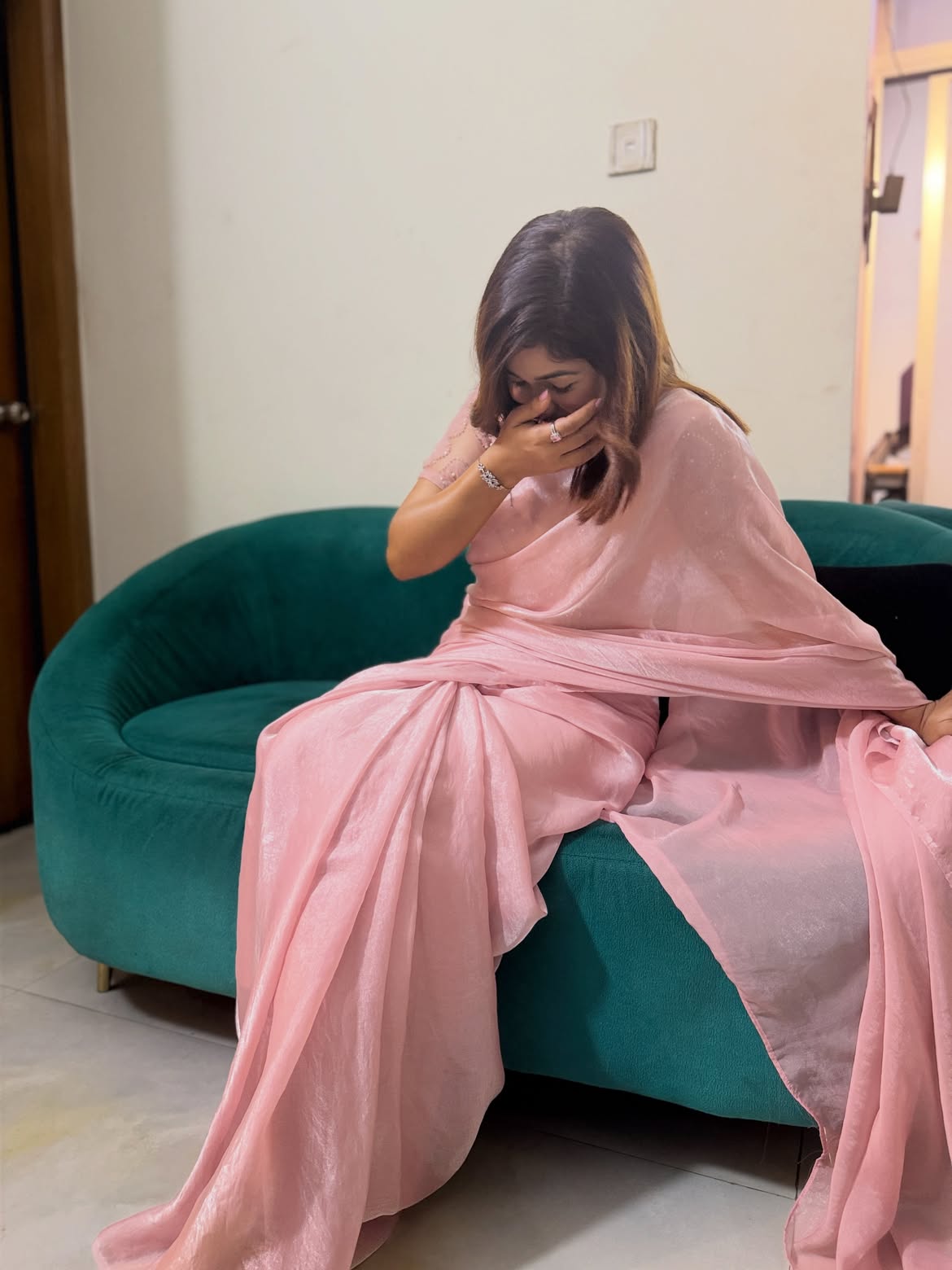 Light Blush Pink Premium Fendi Silk Saree with Heavy Designer Blouse Piece
