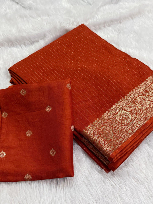 DEEP RUST ORANGE Color Chinon Silk Saree with Jari Lining Allover The Saree with Heavy Weaving Border and Pallu paired with Weaving Chinon Silk Blouse Piece