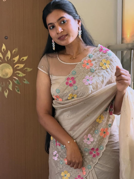 SMOKEY TAUPE COLOR Soft Crushed Sufi Silk Saree