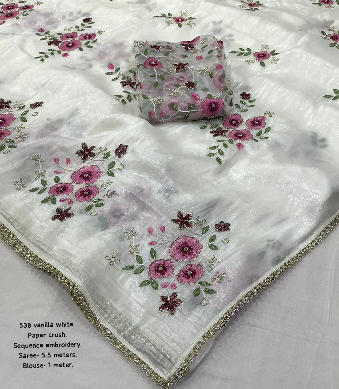 VANILLA WHITE Soft paper crush saree with thread flower embroidery