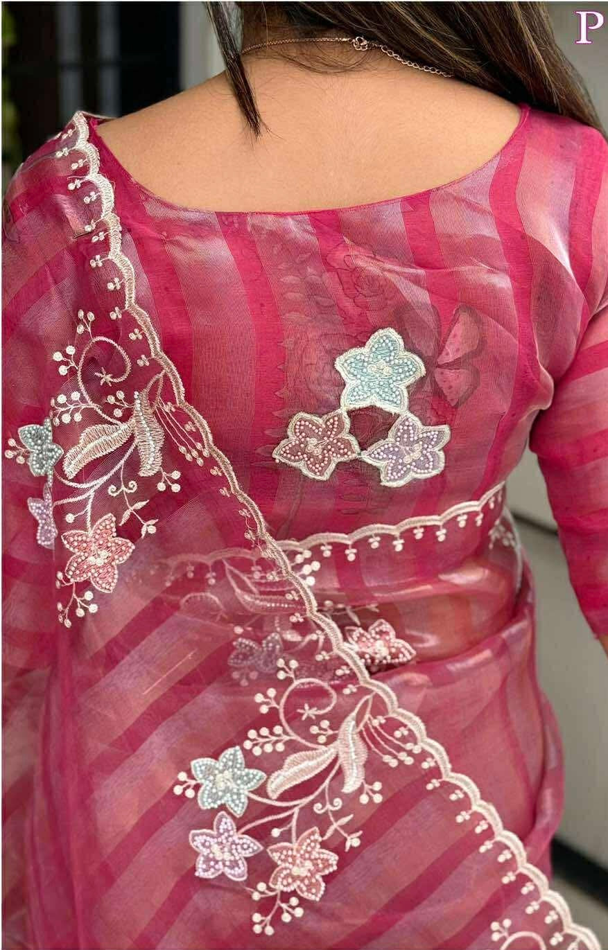 Pink Shaded Pure Tissue Saree with Thread Embroidery work, Pearl stone work in full saree with Silver and Gold zari weaving stripes