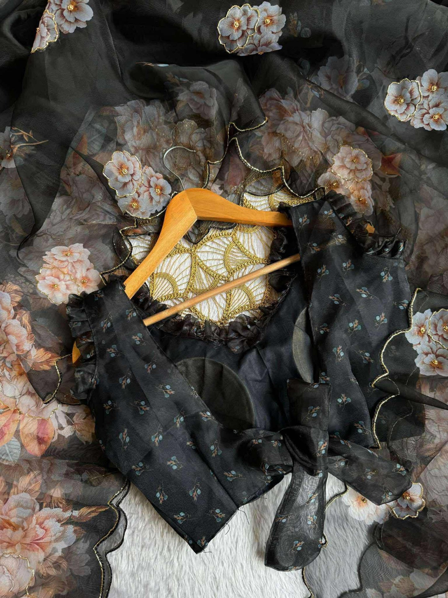 Pure Black Organza hand work Khatli and Pearl Work saree with digital print blouse piece