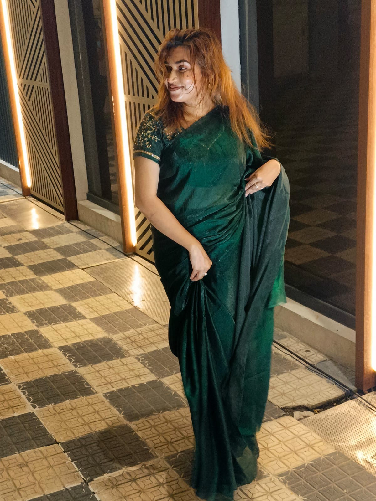EMERALD GREEN Stardust Satin Saree