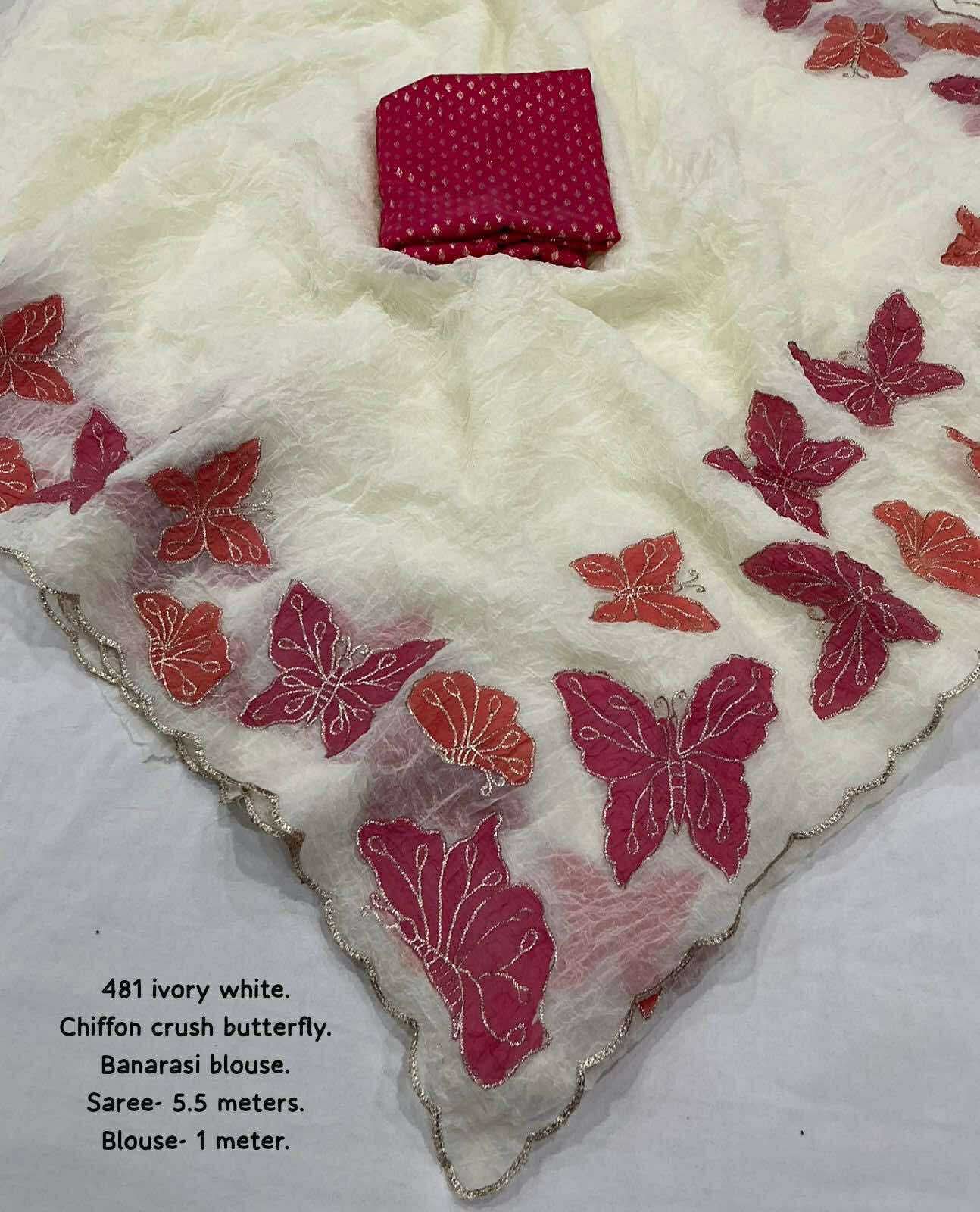 Soft ivory white crush chiffon saree with zari embroidery butterfly..
Butterfly zari outing painted by colors..
Aacro Work Jari Embroidery Border..