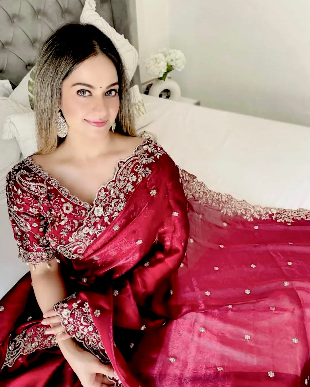 DEEP MAROON Soft Fendi Satin Saree With FADED GOLD Heavy Embroidery Sequence With Multi Thread, Jari Work And Scallop Border with READYMADE//STITCHED Blouse