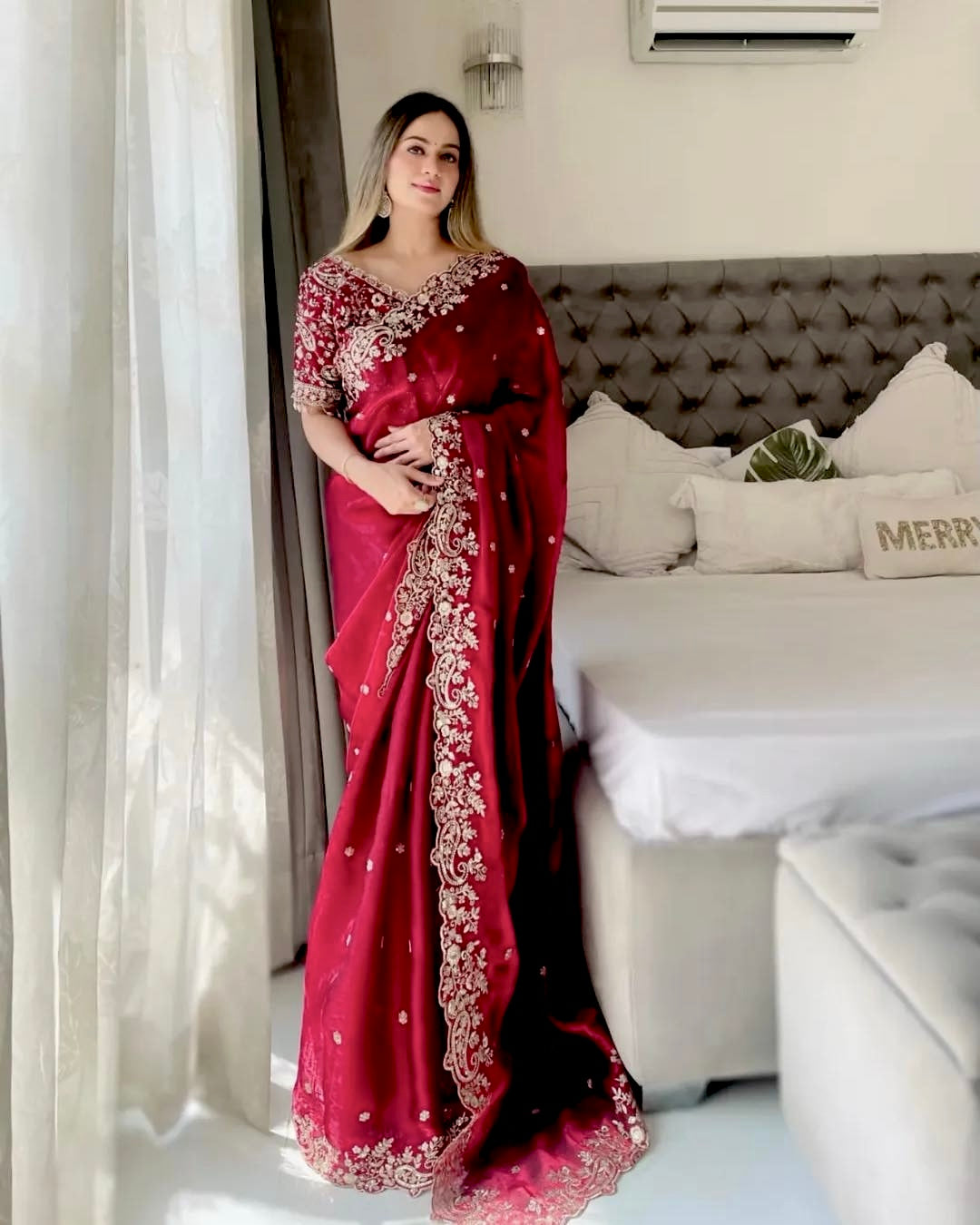 DEEP MAROON Soft Fendi Satin Saree With FADED GOLD Heavy Embroidery Sequence With Multi Thread, Jari Work And Scallop Border with READYMADE//STITCHED Blouse