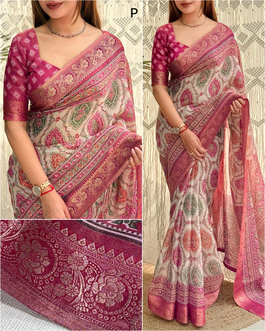 Ajrakh Printed saree with Pink Color zari jacquard border