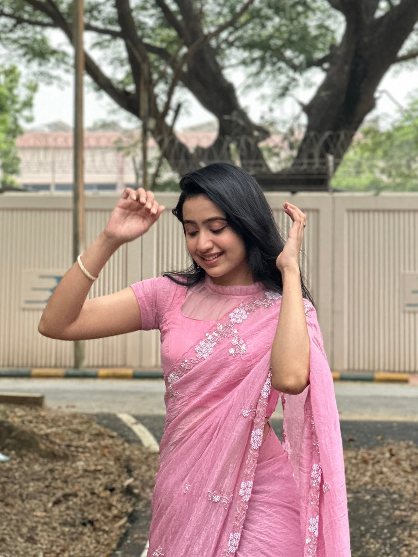 LIGHT PINK Chiffon Silk Saree Heavy Handwork with Beads work, Khatli Work, Sequins Work and Aacro Border