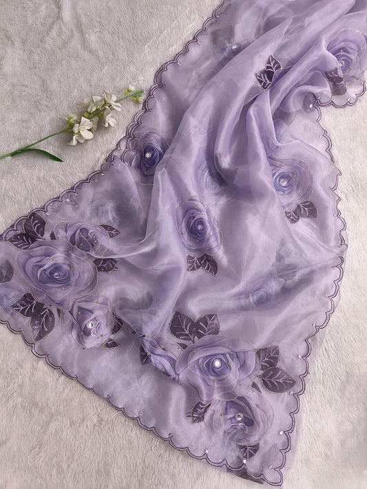 Lavender Organza Saree Aacro work Border and Khatli Work