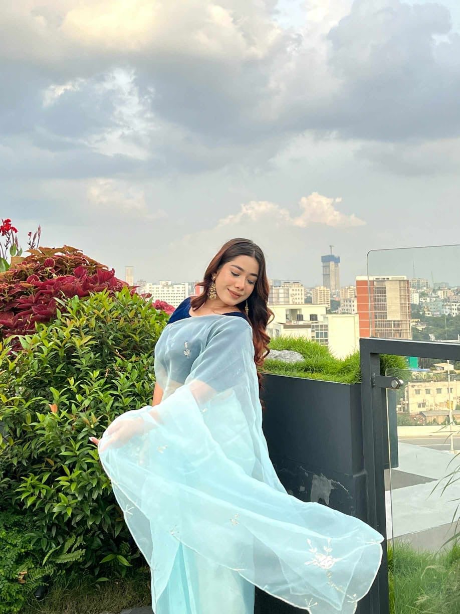 Organza hand work Khatli and Pearl Work saree with DEEP NAVY BLUE Color Velvet Khatli Work unsttiched blouse piece