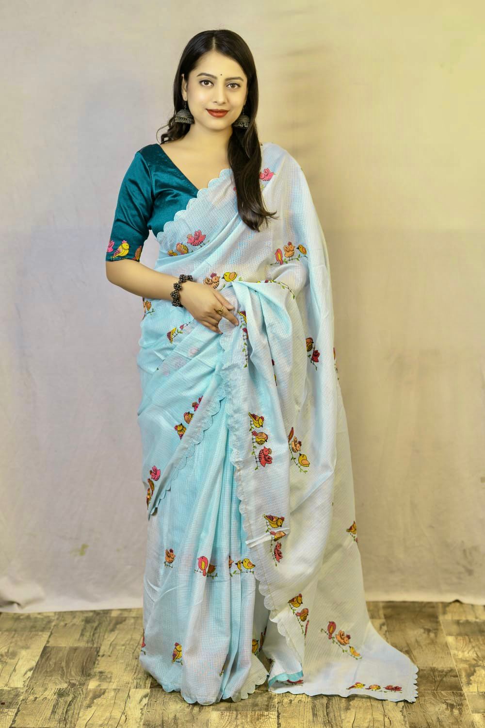 CELESTE Color Kota Silk Saree with Bird Style Embroidery