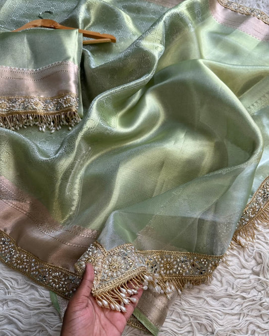 Beautiful Soft Banarasi Tissue Silk Silver Zari Weaving Saree with Designer Lace Border