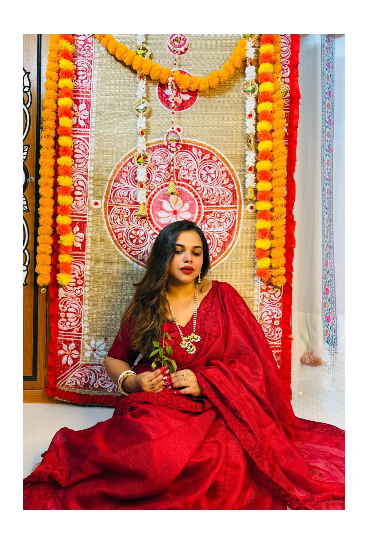 RUBY RED Industrial Kota Chex Embroidery Saree