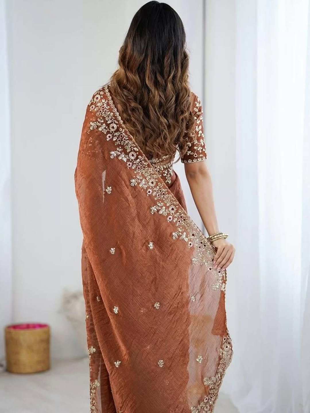 Premium Soft Fendy Chiffon Silk Saree with Embroidery Sequins Work and Thread Work