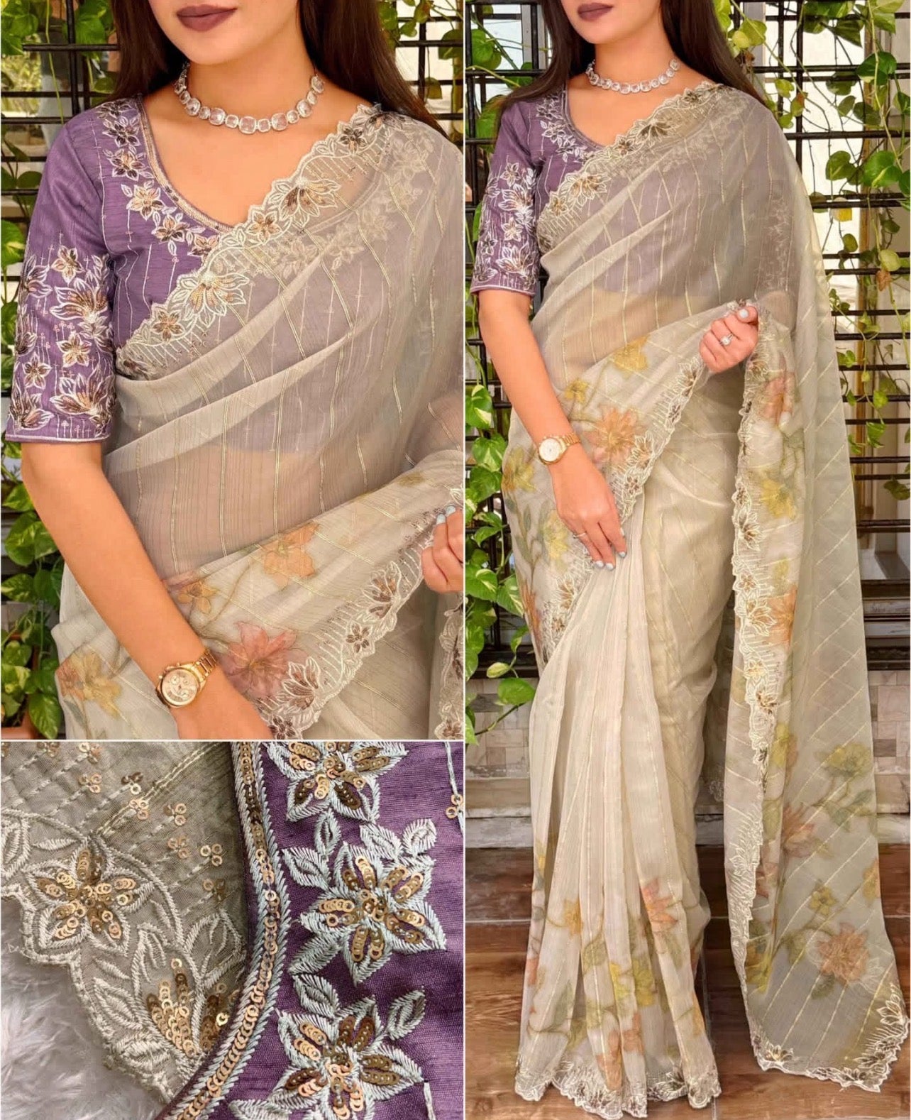 BEIGE Color Glass Organza Saree, adorned with intricate sequins & thread embroidery