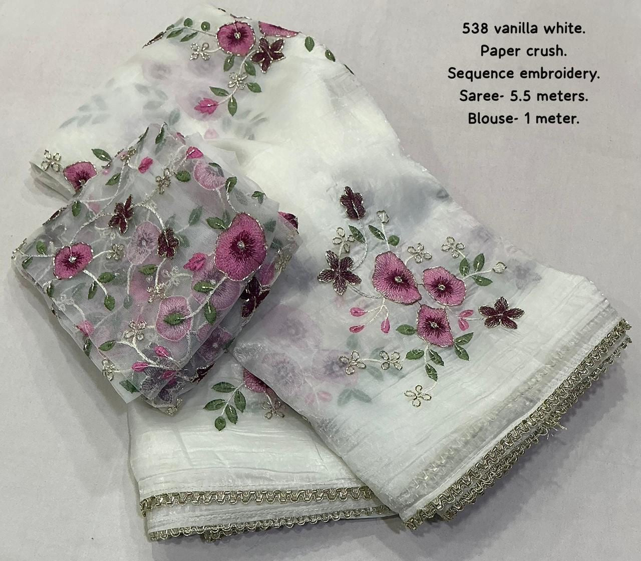 VANILLA WHITE Soft paper crush saree with thread flower embroidery