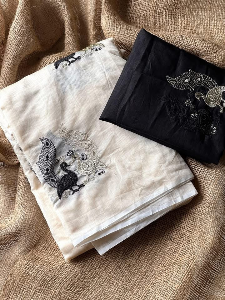 Premium Chanderi saree with peacock embroidery work Teamed with pure khadhi cotton embroidery work Unstitched Blouse Piece