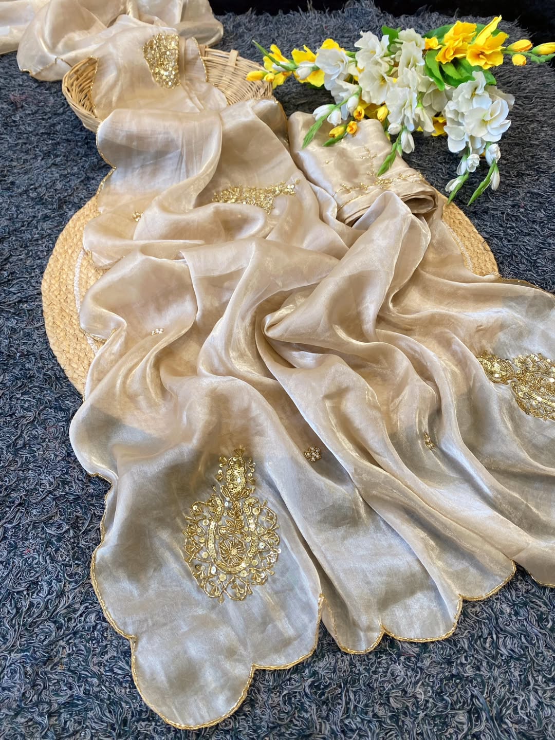 GOLDEN BEIGE Color Satin Organza Saree with Lucrative handwork design with sequins work