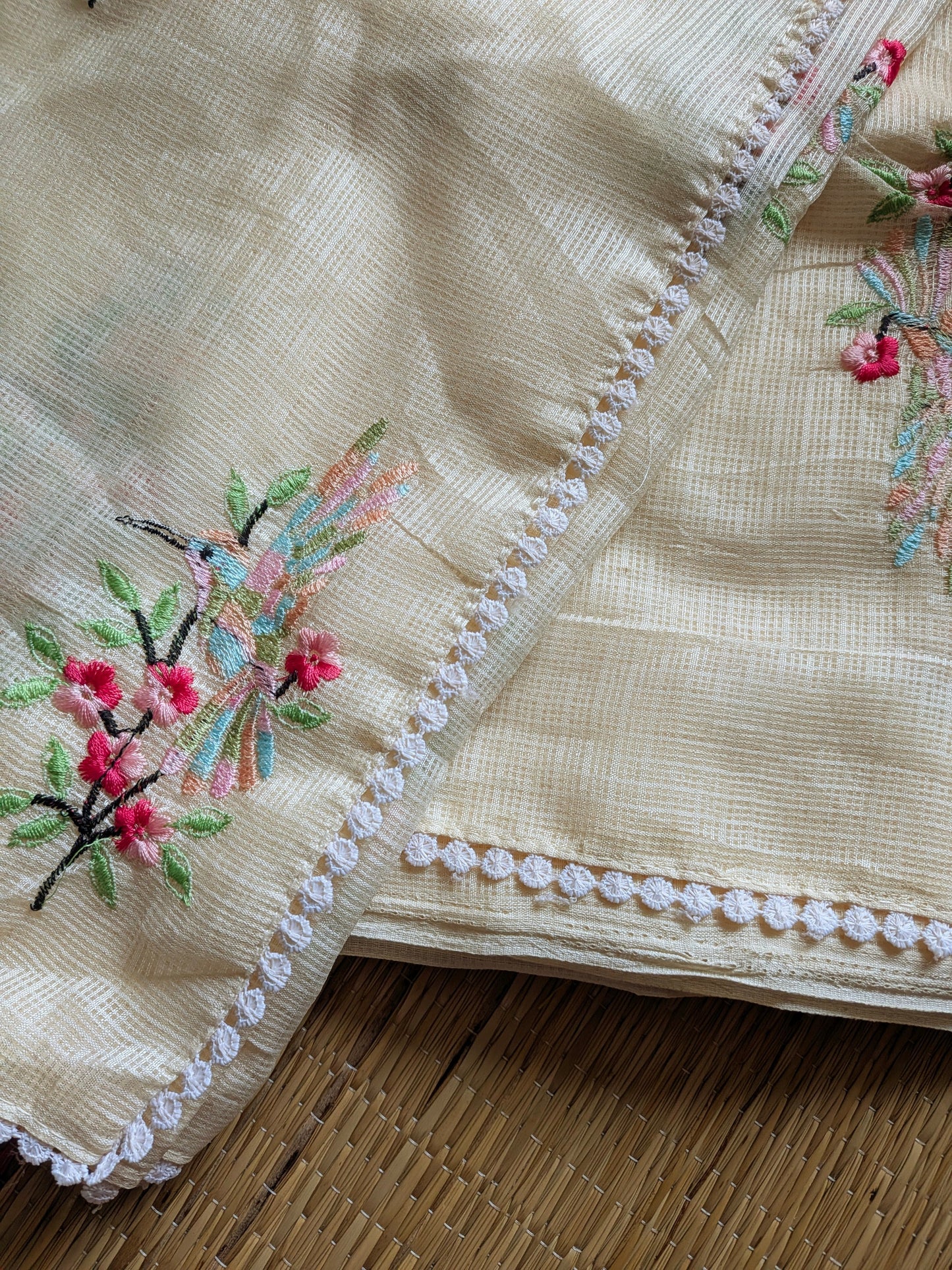 IVORY Color Premium Kota Dariya Colorful BIRD 🦅 Embroidery Saree