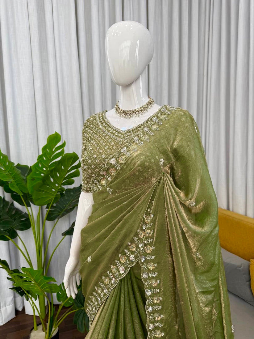 Pure Soft Space Silk Saree with beads and sequins work