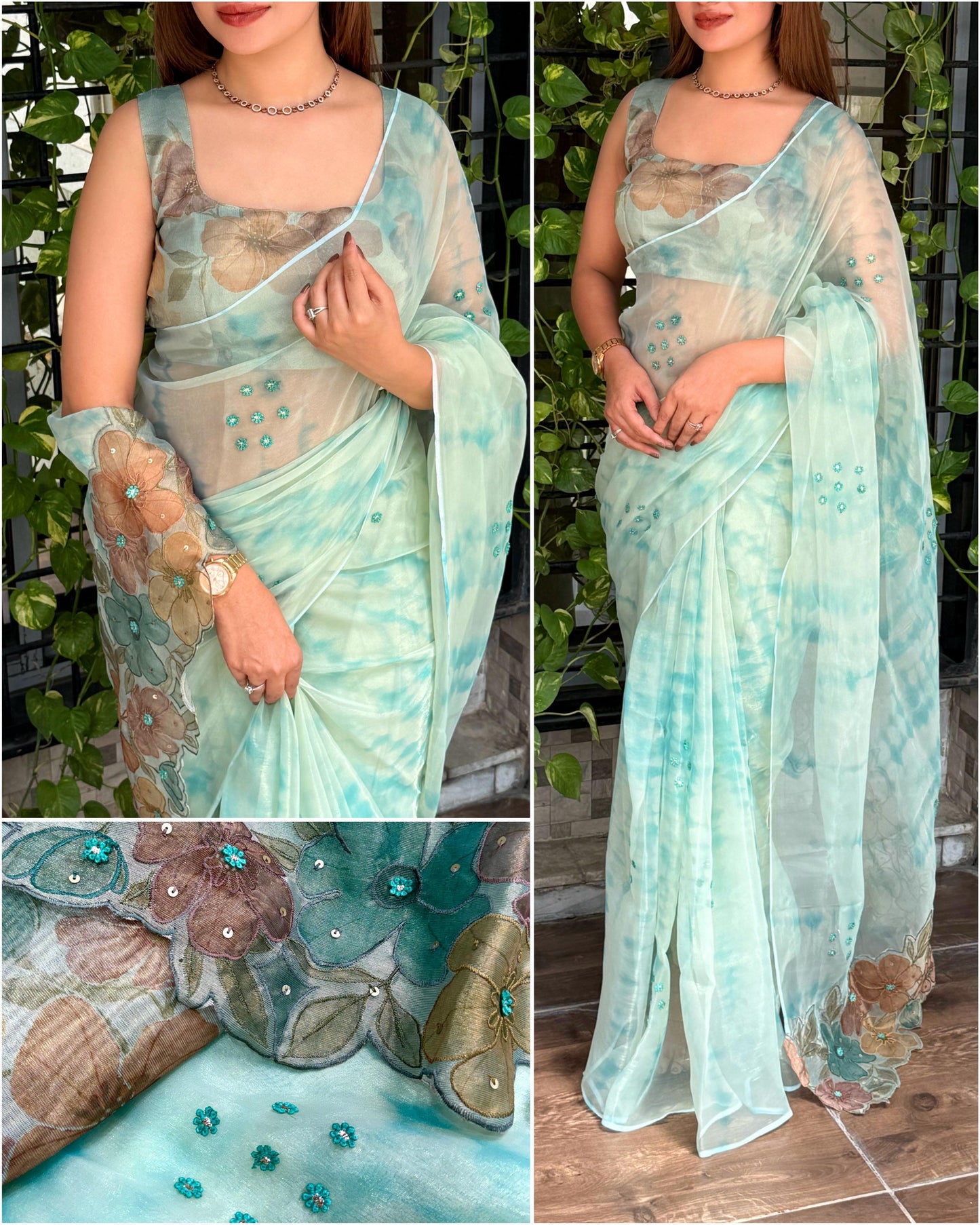 PASTEL AQUA COLOR Pure Glass Tissue Designer Saree