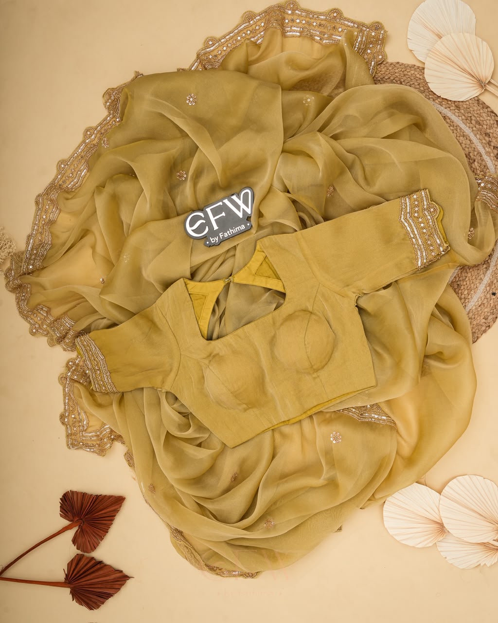 CHARTREUSE OLIVE Color Tissue Chiffon Saree