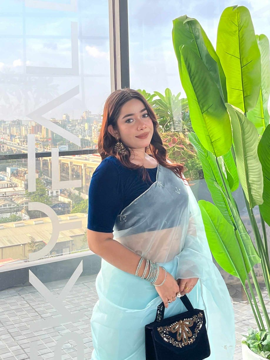 Organza hand work Khatli and Pearl Work saree with DEEP NAVY BLUE Color Velvet Khatli Work unsttiched blouse piece