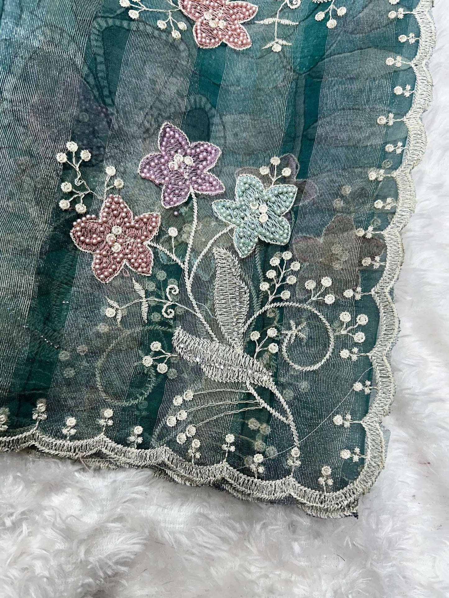 Pure Tissue Saree Thread Embroidery work, Pearl stone work in full saree with Silver and Gold zari weaving stripes