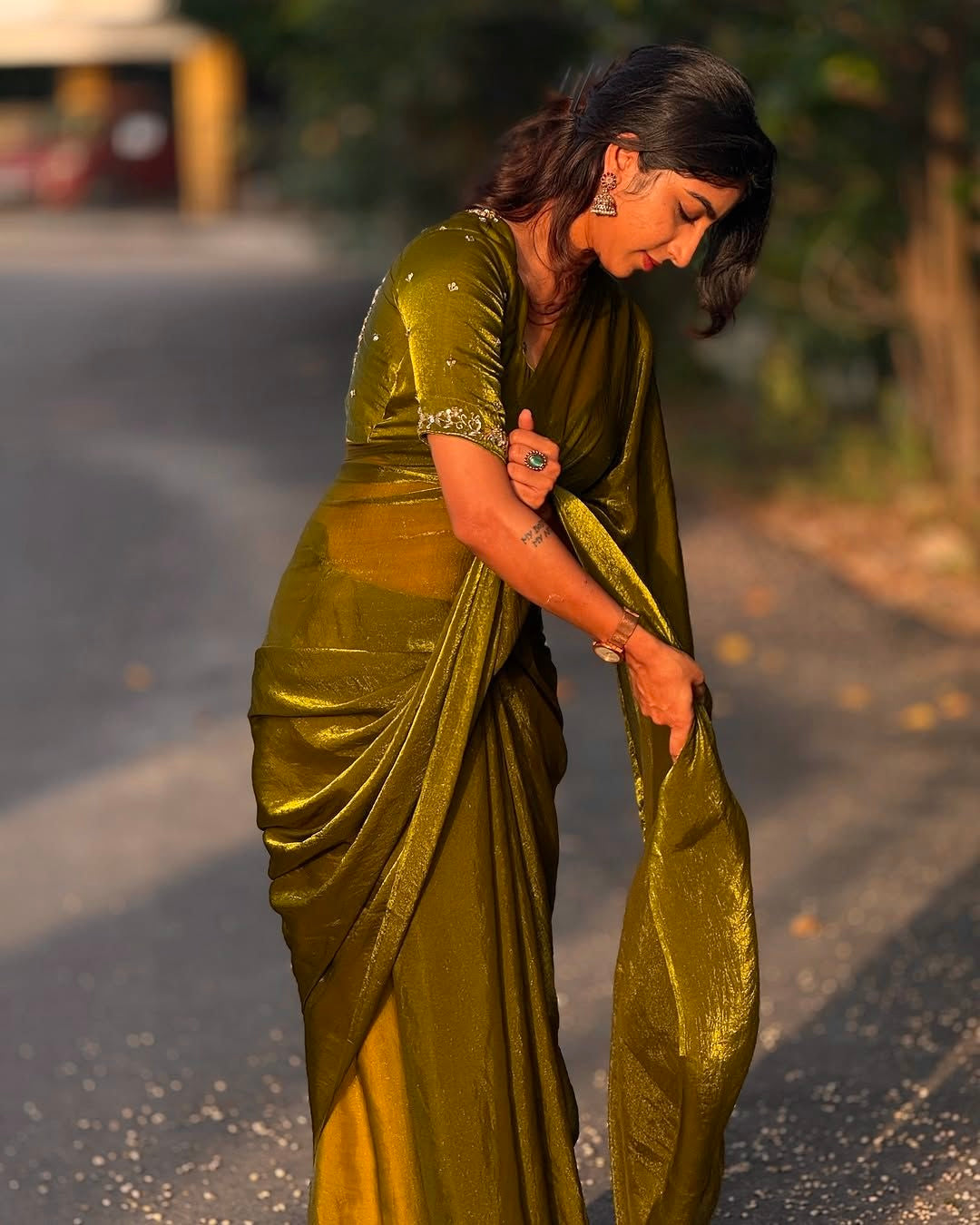 Olive Tone green space silk saree